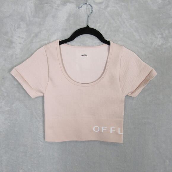 Offline by Aerie Crop Top Womens Small Pink Ribbed Short Sleeve Logo Stretch Tee - Picture 1 of 9
